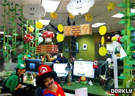 super mario decor | super mario decor | Super Mario & Luigi Teach Boxes, Mario Decor, Camp Classroom, Halloween Cubicle, Cubicle Ideas, Mario Room, Nintendo Party, Halloween Office Party, Mario Theme