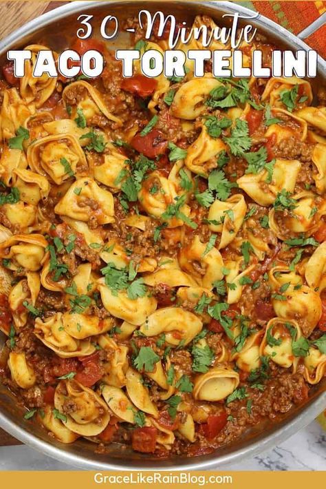 Ground Beef Tortellini, Taco Tortellini, Beef Tortellini, Stovetop Appetizers, Tortellini Recipe, Tortellini Recipes, Tortellini Pasta, Cilantro Lime Dressing, Bread Appetizers