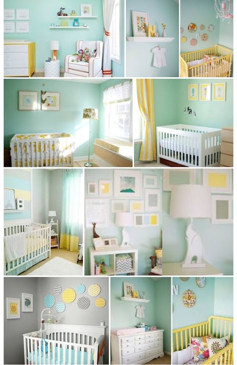 Mint and yellow nursery Green And Yellow Nursery, Mint Baby Nursery, Mint Green Nursery, Yellow Baby Room, Turquoise Nursery, Mint And Yellow, Boy Nursery Colors, Aqua Nursery