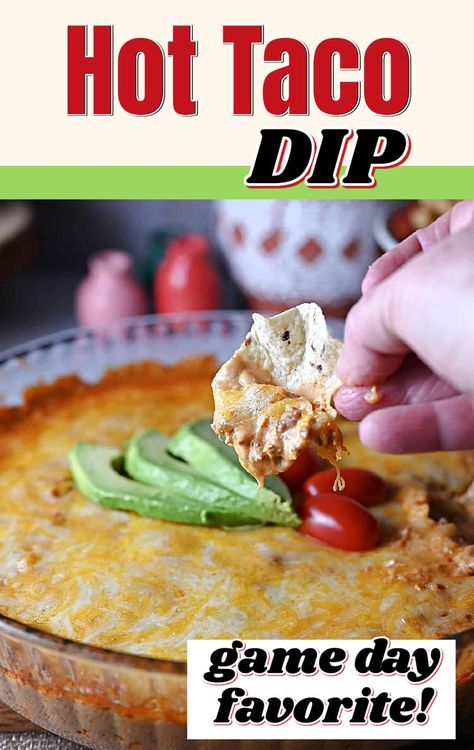 Craving something seriously delicious? This hot taco dip is a taste explosion! Easy to make, impossible to resist. Elevate your snack game today. 🌶️🤤 #TacoLove Warm Taco Dip, Warm Dips, Hot Taco Dip, Dip Recipes Hot, Baked Nachos, Taco Love, Spicy Dip, Chipped Beef, Bean Salsa