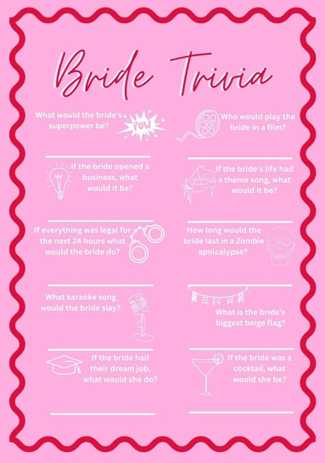 Bridal Trivia template for your hens party games! Answer fun, unique questions about your bride that are bound to get laughs out of your hens party guests!! Once you have downloaded your template, all you need to do is print and ENJOY! :) Hens Sleepover Party, Bride Trivia Questions, Bachelorette Party Ideas Sleepover, Hens Do Games, Uk Hen Do Ideas, Hens Do, Wedding Trivia Questions, Bachelorette Timeline, Bridal Sleepover