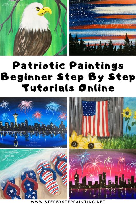 Learn to paint at home for beginners. These patriotic acrylic painting tutorials include full detailed instructions and video. All free and online! #stepbysteppainting #traciekiernan Patriotic Acrylic Painting Ideas, Fourth Of July Paintings On Canvas Easy, Patriotic Painting Ideas, 4th Of July Paintings On Canvas, Summertime Paintings, Americana Paintings, 4th Of July Painting, Patriotic Paintings, Patriotic Art Ideas