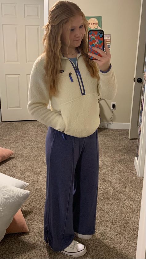 Wide Leg Sweats Outfit, Granola Outfits Fall, Quarter Zip Outfit, Wide Leg Sweats, Granola Outfits, Fleece Outfit, Sweats Outfit, Fleece Quarter Zip, Cute Comfy Outfits