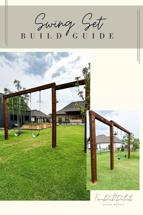 Swing Set Build Guide Swing Set Plans, Kid Friendly Backyard, Swing Set Diy, Backyard Playset, Diy Swing, Backyard Swings, Pergola Ideas, Exterior Makeover, Backyard Playground