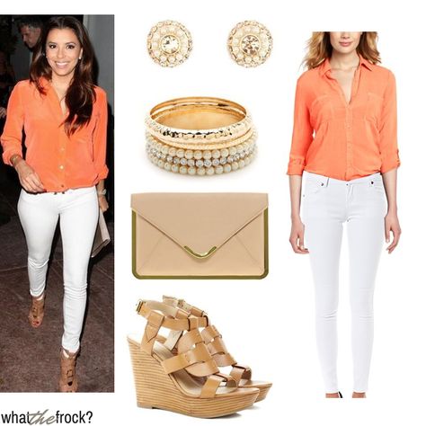 Summer cocktail outfit- white trousers and salmon colored blouse Salmon Outfit, Eva Longoria Style, Tan Accessories, Affordable Outfits, Movies And Series, Celeb Style, Orange Top, Fashion Project, Eva Longoria