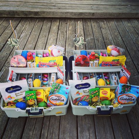 Boy Easter basket idea!  Made these tackle boxes/baskets for my 14 and 11 year old sons.  Has gummy worms, goldfish crackers, and Swedish fish!  Added some Easter candy and plastic eggs in all the compartments, plus a few $2 bills!  Threw in some actual bait/supplies too!  Easter 2015 Tackle Box Easter Basket, Wicker Easter Basket, Unique Easter Baskets, Creative Easter Baskets, Boys Easter Basket, Goldfish Crackers, Easter Basket Ideas, Swedish Fish, Kids Easter Basket