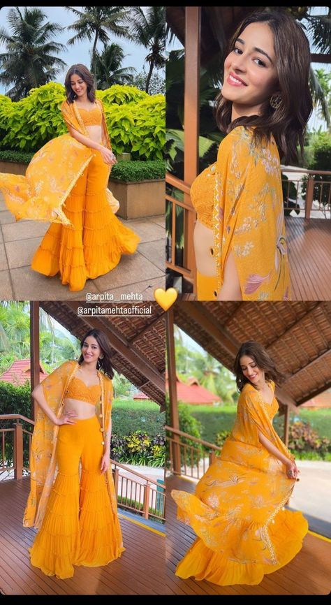 Haldi Look For Bride Sister, Haldi Ceremony Outfit For Sister, Haldi Dress Ideas, Haldi Outfit For Bride, Indian Outfits Modern, Haldi Ceremony Outfit, Haldi Dress, Fashionable Saree, Haldi Outfits