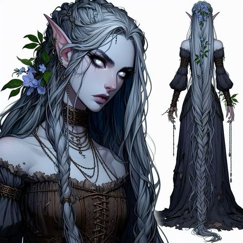 Moon Elf Female Dnd Druid, Modern Elf Aesthetic, Dnd Siren Character Art, Character Design Long Hair, Drow Goddess, Dark Elf Druid, Female Drow Dnd, D And D Characters, Dnd Character Design Female Elf