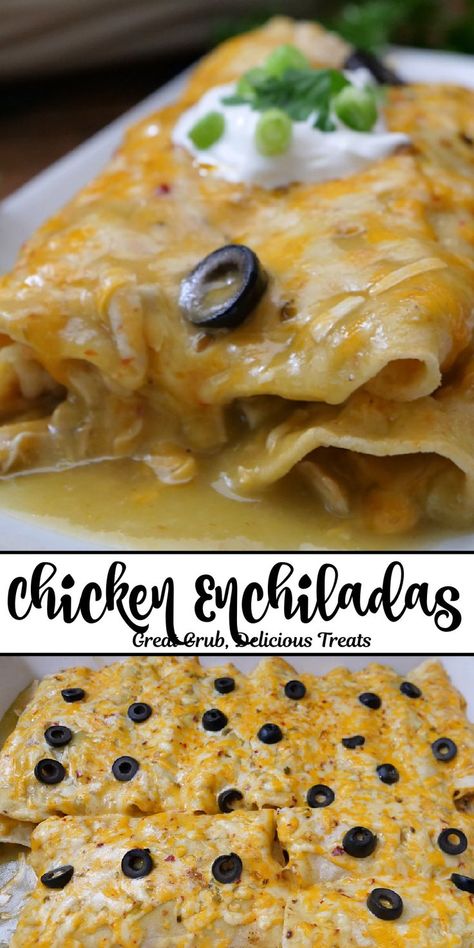 A double photo collage of chicken enchiladas in a baking dish topped with sliced black olives. Spicy Enchilada Sauce, Pulled Pork Leftover Recipes, Pulled Pork Enchiladas, Corn Tortilla Recipes, Best Enchiladas, Enchilada Ingredients, Crock Pot Inspired Recipes, Chicken Salad Recipe Easy, Enchilada Casserole Recipes