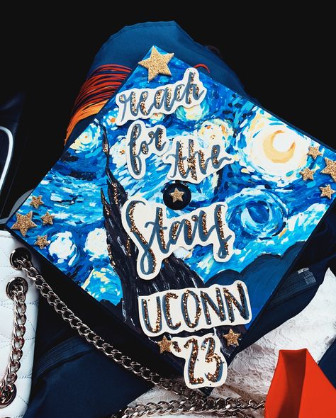 Starry Night Graduation Cap, Senior Boxes, Grad Cap Ideas, Senior 25, Funny Graduation Caps, Composition Pattern, Life Plans, Graduation Cap Decoration Diy, Senior Szn