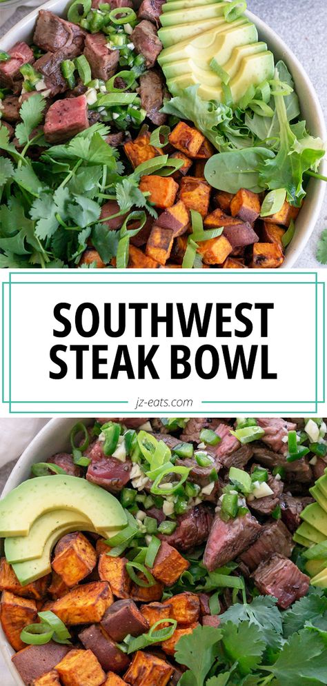 Steak Poke Bowl Recipe, Steak Sweet Potato Recipes, Steak Sweet Potato Bowl, Steak Quinoa Bowl, Southwest Steak Bowl, Steak And Sweet Potato Dinners, Steak Bowl Recipe, Steak And Sweet Potato, Boat Meals