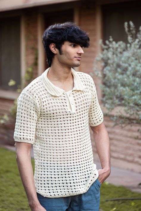 Style and Sustainability: Discover the Men’s Crochet T-shirts by Sass Obsessed Crochet Men Shirt, Crochet Shirt Free Pattern, Off White Tshirt, Crochet Mens, Crochet Shirt Pattern, Cotton Crochet Patterns, Crochet Outfit, Crochet Men, Shirt Tutorial