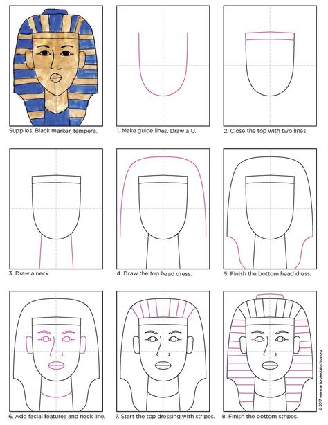 How To Draw King Tut - Art Projects for Kids Ancient Egypt Crafts, Ancient Egypt Activities, Egypt Lessons, Ancient Egypt For Kids, Egypt Activities, History Lessons For Kids, Egyptian Crafts, Ancient Egypt Projects, Drawing Tut