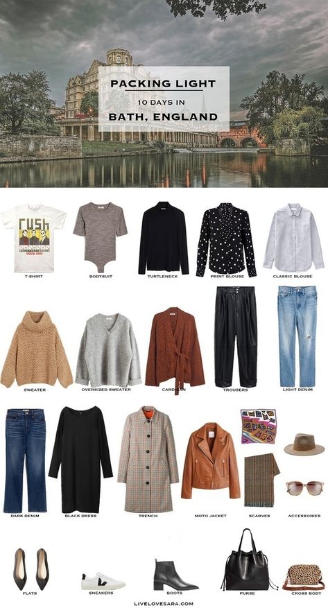 What To Wear In Bath Uk, England Packing List, Bath Outfit, England In Spring, Spring Packing List, Packing List Spring, England Outfits, Fall Packing List, Fall Packing