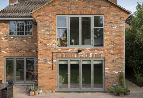 Red Brick House Grey Windows House With Grey Windows, Window Frame Colours, Barn Conversion Exterior, Grey Brick Houses, Red Brick House Exterior, Modern Brick House, House Uk, Grey Windows, Exterior House Remodel