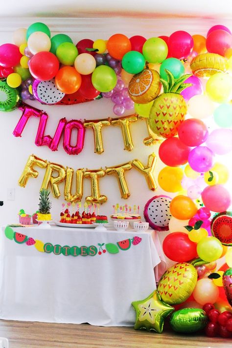 Tutti Frutti Birthday Party Outfit, Two Tii Fruit Birthday Theme, 2 Year Party Ideas, Summer Two Year Old Birthday, Two Tti Frutti Birthday Party Decor, Tuti Fruiti Birthday Party, Two-ty Fruity Birthday Party, Two Year Old Bday Themes, Two Ti Fruiti Birthday