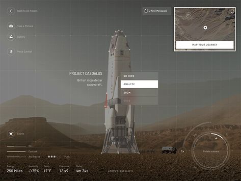 Rover tablet app by Serge Vasil on Dribbble Faraday Future, Tablet Ui, Mars Rover, Arte Robot, Game Interface, Game Ui Design, Magazine Layout Design, Ui Design Inspiration, Minimal Web Design