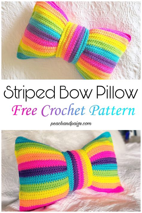 This modern, fun little pillow is a great quick beginners pattern and the colour combos are endless. Go for some monochrome stripes for a sleek urban look, or go crazy with colour for a fun bright happy decor piece. Bow Pillow, Crochet Pillow Patterns Free, Crochet Cushion Pattern, Bow Pillows, Crochet Cushion, Crochet Cushion Cover, Crochet Pillow Pattern, Crochet Dragon, Crochet Simple