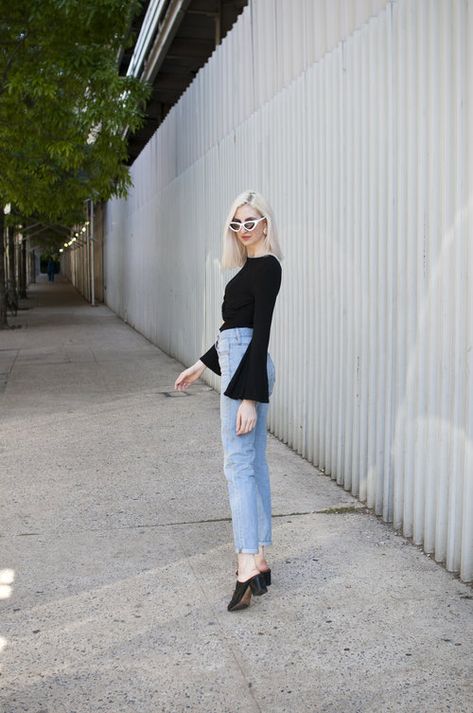 mom jeans outfit, boyfriend jeans outfit, cushnie et ochs, bell sleeve top, block heel mules, heeled mule sandals, cat eye sunglasses, white sunglasses, summer outfit inspiration Mule Sandals Outfit, Outfit Boyfriend Jeans, Boyfriend Jeans Outfit, Fashion Institute Of Technology, Block Heel Mules, Mom Jeans Outfit, Sunglasses Summer, Sunglasses White, Heeled Mule