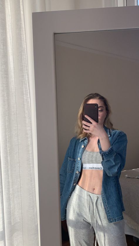 Calvin Klein bra jeans shirt relaxing loungewear Calvin Klein Bra Outfit, Bra Outfit, Calvin Klein Bra, Grey Calvin Klein, Jeans Shirt, Jean Shirts, Calvin Klein, Lounge Wear, Bra