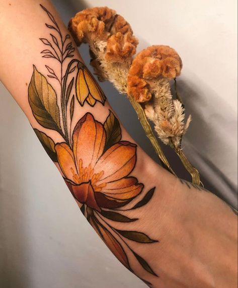 Rain Tattoo, Garden Tattoos, Leg Tattoos Women, Flowers Tattoo, Famous Artwork, Brown Flowers, Time Tattoos, Rib Tattoo, Feminine Tattoos