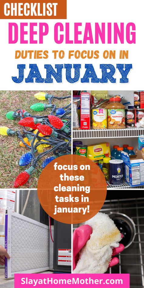 Deep clean your home in January by focusing on these key areas! #deepcleaning #cleaninglist #cleaningchecklist #winter #cleaning #slayathomemother January Deep Cleaning, Deep Clean Bedroom, Deep Cleaning Lists, Garbage Disposal Cleaning, Winter Cleaning, Cleaning Calendar, Deep Cleaning Checklist, Deep Cleaning Hacks, Holiday Organization