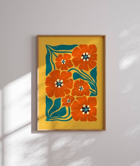 Retro aesthetic flower illustration poster that features Matisse-inspired flowers, perfect for brightening up any space, be it your living room, bedroom, office, or anywhere else. Available in three lovely colors, you can choose from the bold and eye-catching yellow, the versatile and neutral beige, or the earthy and moody brown.  This print also makes a thoughtful and unique gift for your friend for a special event like Christmas, birthday, or housewarming.  MORE RETRO FLORAL PRINTS: https://www.etsy.com/shop/SomaPrintsArt?section_id=42881693 NOTE: Please specify on the personalization section if you want a white border around your print. If left blank, the print will be borderless. PRODUCT DETAILS: ♡ Printed on thick, durable and long-lasting museum-quality poster paper ♡ Smooth (uncoate Funky Art Painting Inspiration, 70s Prints, Rug Tuft, Garage Mural, Funky Artwork, Groovy Wall Art, 70s Wall Art, Matisse Art Print, Herbs Illustration