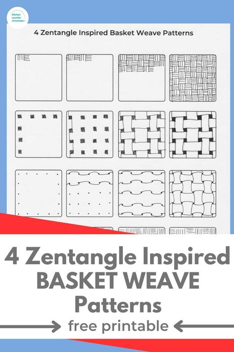 Learn 4 zentangle basket weave patterns with step-by-step instruction sheet. This free printable will help you learn these fun doodled basketweaving patterns. Filler Zentangle Patterns, Zentangle Basket Weave Pattern, Zentangle Weave Pattern, Weave Design Pattern, Basic Zentangle Patterns, Free Zentangle Patterns Printables, Zentangle Step Out Patterns, Zentagle Drawing Easy Step By Step, Beginner Zentangle Patterns Step By Step