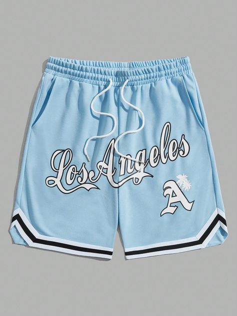 Blue Casual Collar  Fabric Letter,Striped Track Shorts Embellished Slight Stretch  Men Clothing Blue Clothes Men, Short Azul, Graphic Shorts, Shirt Logo Design, Shoes Outfit Fashion, Stylish Men Casual, Drawstring Waist Shorts, Cool Outfits For Men, Track Shorts