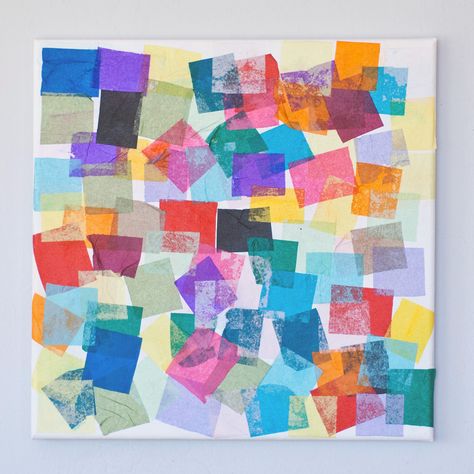 Even toddlers can get into this square artwork. Precut shapes of tissue paper and then use watered-down glue to paint over them, turning a white canvas into a colorful mashup. Shapes Lessons, Square Artwork, Tissue Paper Art, Paper Art Projects, Fun Projects For Kids, Preschool Colors, Shapes Preschool, Learning Shapes, Shapes Activities