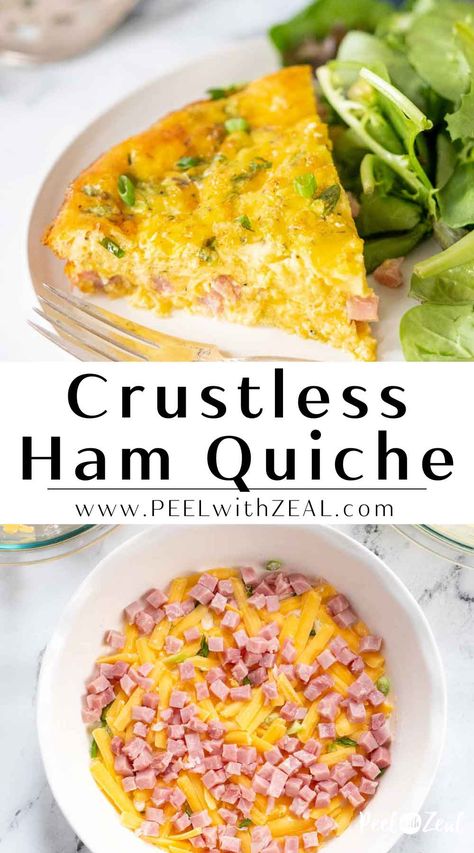 Ham and Cheese Crustless Quiche A delicious crustless quiche recipe with ham, a melty cheese blend, and green onions. This recipe is quick to prep and a great alternative to traditional quiche. Crust Free Quiche, Gluten Free Breakfast Quiche Recipes, Egg And Cheese Quiche Crustless, Impossible Ham And Swiss Pie Bisquick, Ham And Cheese Crustless Quiche Recipes, Low Carb Brunch Recipes For A Crowd, Gluten Free Ham Recipes, High Protein Crustless Quiche, Gluten Free Quiche Crustless