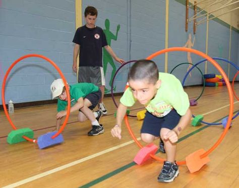 Indoor Obstacle course using hula hoops. Totally need to do this for perceptual motor skills class. Indoor Obstacle Course, Kids Obstacle Course, Learn Skills, Gross Motor Activities, Hula Hoops, Camping Party, Camping Games, Carnival Games, Fun Run