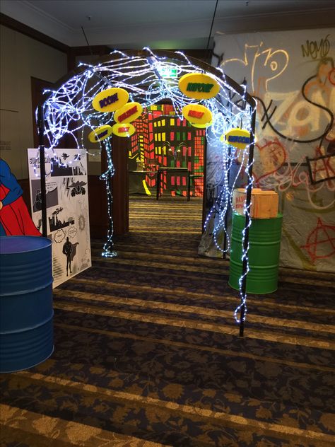 entrance arch, LED lights, boom, shazam, smack, boom, superhero event, super hero, villain, heroine, event Adult Superhero Party, Superhero Event, Superhero Vbs, Superhero Party Decorations, Villains Party, Entrance Arch, Comic Party, Hero Villain, Event Entrance