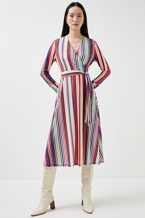 Multi Stripe Knot Waist Collared Jersey Dress | Karen Millen Striped Jersey Dress, Lightweight Skirt, Jersey Wrap Dress, Ladies Clothes Fashion, Striped Jersey, Ladies Clothes, Vintage Gowns, Candy Stripes, Bold Stripes