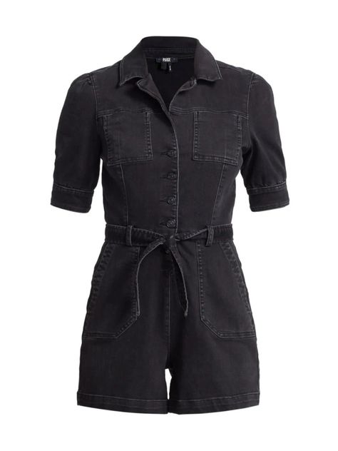 Paige Mayslie Denim Romper in Black Matter Black Denim Romper, Belt Shirt, Zara Phillips, Office Job, Wrap Romper, Denim Romper, Dark Matter, Black Romper, Short Rompers