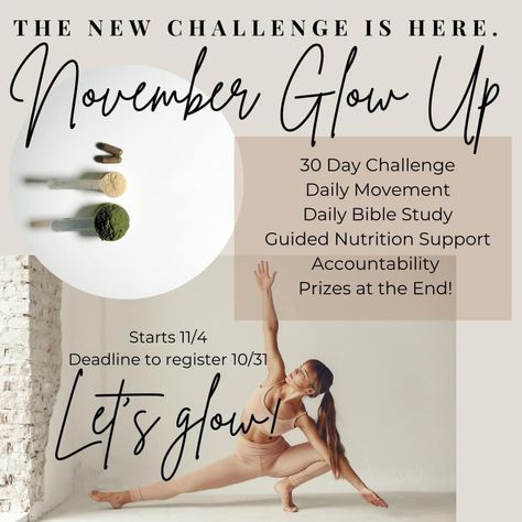 ‼️30-Day Fitness Challenge Alert!‼️ NOVEMBER GLOW UP CHALLENGE!❤️💪🏼🔥 I’m thrilled to announce that a team of incredible FITNESS COACHES has partnered with me at Bravenly for a 30-day fitness and wellness challenge!💪🏼👟 Faithful women getting healthy in mind, soul, spirit and body! Let’s get moving, transform our mindset, and watch our lives change for the better! 💪🏼✨ And guess what? There are prizes worth over $1,000 up for grabs! 🏆👏🏽 🎉I’m looking for 20 people who want to get fit, heal... Mind Soul Spirit, Glow Up Challenge, Challenge Fitness, November Challenge, Change For The Better, Wellness Challenge, 30 Day Fitness, Fitness And Wellness, Bible Study Guide