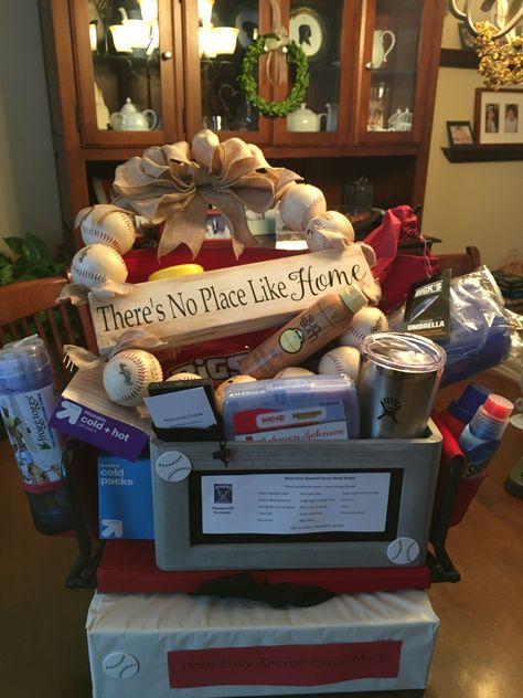 Baseball Silent Auction Ideas, Baseball Silent Auction Basket, Baseball Themed Raffle Basket, Baseball Raffle Basket Ideas Fundraising, Baseball Auction Basket Ideas, Bingo Raffle Basket Ideas, Baseball Mom Gift Basket, Softball Raffle Basket Ideas, Baseball Raffle Basket