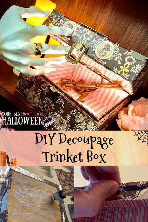 DIY Decoupage Trinket Box Decoupage Boxes Ideas, Diy Trinket Box, Decoupage Boxes, Diy Greeting Cards, Diy Decoupage, Halloween Craft Projects, Creepy Christmas, Halloween Baking, Halloween Diy Crafts