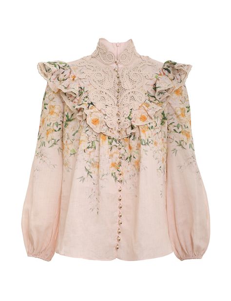 Coaster Battenburg Blouse Blush Garden Floral Online | Zimmermann Latest Designer Dresses, Battenburg Lace, Dream List, Girlie Girl, Outwear Jackets, 2023 Collection, Petite Tops, Linen Blouse, Spring 2023