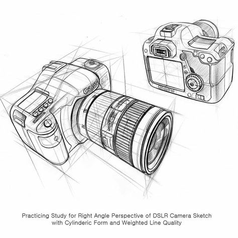 Camera Perspective Drawing, Perspective Product Sketch, Camera Drawing Sketches, Camera Drawing Art, Camera Perspective, Form In Art, Industrial Design Drawing, Perspective Study, Product Sketches