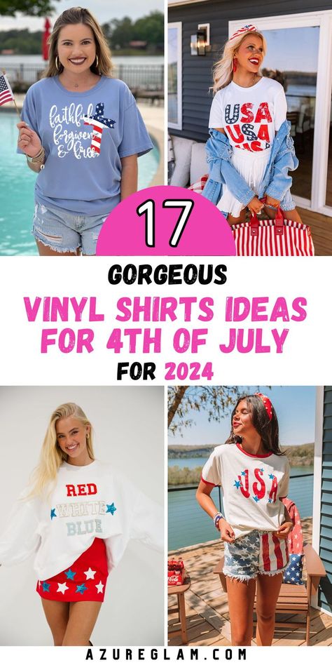 Elevate your Fourth of July celebrations with our collection of 17 Vinyl Shirts Ideas for 4th of July 2024. From funny and festive designs to classy and elegant options, we have vinyl shirts for every occasion. Whether you're looking for women's, men's, or family shirts, our collection has something for everyone. Get creative with SVG designs and make a statement this Independence Day with our fabulous vinyl shirt ideas. 4th Of July Tshirt Ideas, Diy Fourth Of July Shirt, 4th Of July Shirt Ideas, Vinyl Shirt Ideas, 4th Of July Shirts Vinyl, Htv Shirts, Best Fireworks, 4th Of July Shirts, Elegant Script Fonts