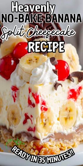 Heavenly No-Bake Banana Split Cheesecake Easy Banana Split Dessert, Banana Split No Bake Dessert, Banana Split Cheesecake No Bake, Banana Bread Bottom Cheesecake, Easy No Bake Banana Split Dessert, No Bake Banana Cheesecake Easy, Banana Cheesecake Recipe No Bake, Banana Split Pie Recipe, Heavenly No Bake Banana Split Cheesecake