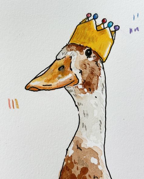 A runner duck with a crown 👑 What could this be a card for? I think I might leave it without any wording so it can be used for multiple occasions, but who knows? #goose #runnerduck #watercolour #illustration #thecritterco Runner Duck Illustration, Runner Duck Drawing, Duck Illustration, Runner Ducks, Duck Drawing, Watercolour Illustration, Who Knows, Card Ideas, Art Inspiration