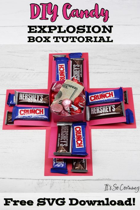 Learn how to make a super cute DIY candy explosion box for any occasion! Check out the step by step tutorial and free SVG download today! #paper #cricut #crafts Candy Surprise Box Diy, Nesting Box Candy Gift, Candy Explosion Box Ideas Diy, Pop Out Box Diy, Christmas Candy Box Ideas, Diy Surprise Box Pop Up, Box Inside A Box Gift Ideas, Pop Up Gift Box Diy, Candy Boxes Ideas