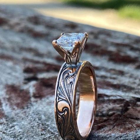 BA silver on Instagram: "14k rose gold 🔥 . . . . #basilver #handmade #custom #westernwedding #westernstyle #cowgirlstyle #westernweddingring #silversmith #ladysmith #handengraved" Welded Engagement Ring, Tooled Silver Wedding Ring, Western Engraved Engagement Ring, Wedding Rings Western Style, Cowgirl Wedding Ring, Western Rings Wedding, Western Wedding Rings With Turquoise, Western Style Wedding Rings, Western Rings Engagement