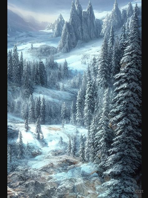 "Fantasy Landscape - Frozen Forest" T-shirt for Sale by dzzt | Redbubble | winter t-shirts - autumn t-shirts - seasonal t-shirts Snow Forest Fantasy Art, Winter Forest Concept Art, Cold Fantasy Art, Fantasy Snow Kingdom, Winter Forest Fantasy Art, Fantasy Snowy Landscape, Fantasy Snow Forest, Snow Forest Art, Fantasy Winter City