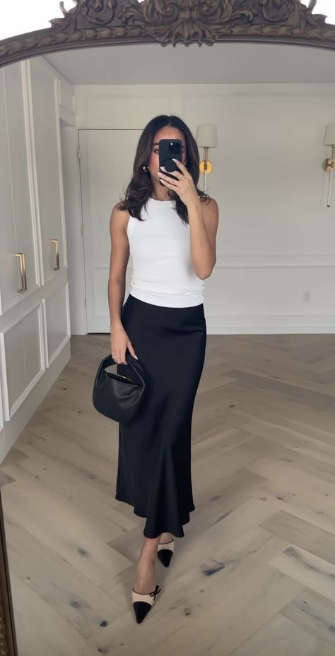 Black Silk Skirt Outfit Aesthetic, Long Black Skirt Outfit Work, Civil Wedding Guest Outfit, Long Black Satin Skirt Outfit, Black Satin Skirt Outfit Summer, Midi Satin Skirt Outfit, Placement Outfits, Black Silk Skirt Outfit, Cosmetology Outfits