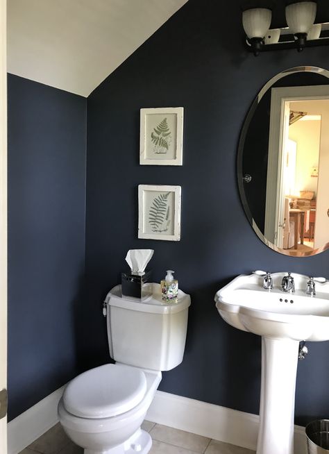 Dark Navy Powder Room, Marine Blue Bathroom, Dark Blue Restroom Ideas, Small Navy Blue Bathroom, Navy Blue Small Bathroom, Dark Blue Toilet, Dark Blue Bathroom Walls, Deep Blue Bathroom, Dark Blue Bathroom Ideas