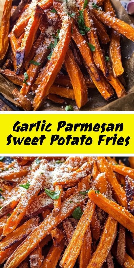 Garlic Parmesan Sweet Potato Fries - Irresistible crispy fries with a savory garlic and cheese flavor, perfect as a side dish or snack. Enjoy the natural sweetness of sweet potatoes with this delicious recipe. #GarlicParmesan #SweetPotatoFries #CrispyFries #HealthySnacks Parmesan Sweet Potato Fries, Sweet Potato Fries Seasoning, Homemade Sweet Potato Fries, Making Sweet Potato Fries, Crispy Sweet Potato Fries, Sweet Potato Recipes Fries, Garlic Potatoes, Sweet Potato Wedges, Potato Fries