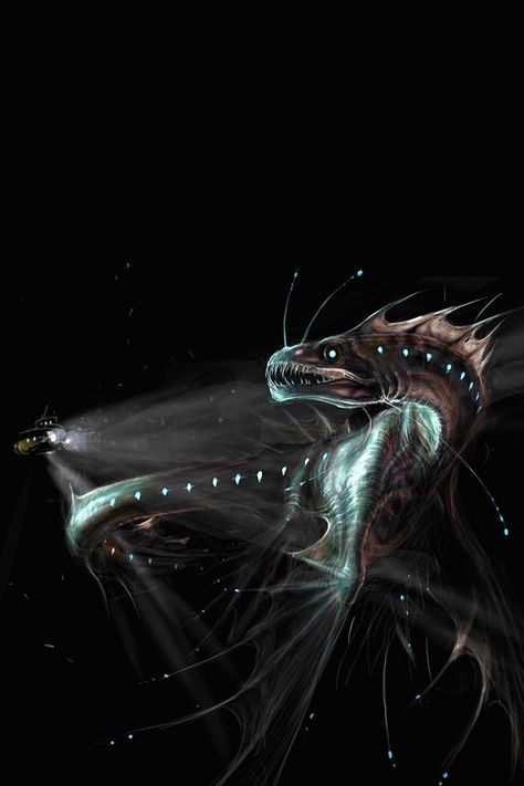 Sea monster. This is awesome, now if only I could draw it myself Dragon Moodboard, Ocean Monsters, Fantasy Settings, Dnd Inspiration, Winged Creatures, Interesting Drawings, Honey Water, Scary Stuff, Sea Serpent